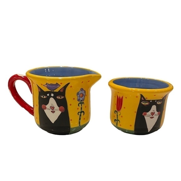 Sharon Bloom Tuxedo Cat Creamer Sugar Bowl Set Henriksen Ceramic Hand Painted - Picture 4 of 13